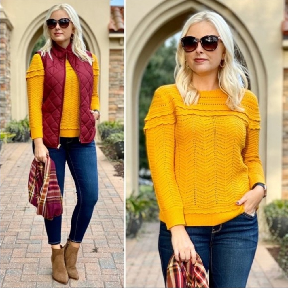 J. CREW Scalloped Pointelle Sweater Mustard Yellow Large